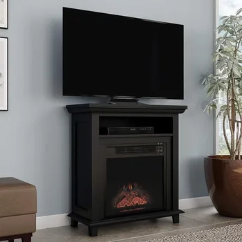 Поставка за телевизор с камина– 29-инчов свободно стояща конзола с рафт, изкуствени трупи и led пламък, (черна)