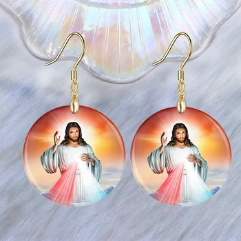 1 Чифт Модни креативни цветни кръгли акрилни висящи обеци с Исус, за жени и за мъже, Бижута за празнични партита, Подаръци