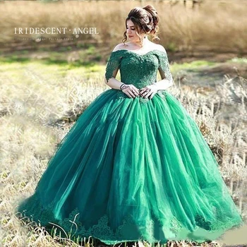 ДЪГА Бална рокля във формата на Сърце За зелени 15-годишни момичета Реколта Буйни рокли С аппликацией и дълги ръкави Вечерна рокля за бала