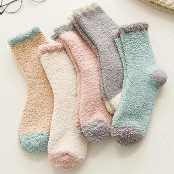 1 чифт женски плюшени утолщенных топли, меки пухкави чорапи за сън, есен-зима, обикновен дамски домашни чехли за секс, зимни чорапи от коралов руно