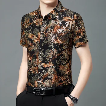 Лятна мъжки дрехи 2023 г., Нова риза цвят Бронзирующего Хедър с къси ръкави, Модни и ежедневни риза от коприна лед