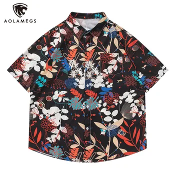 Мъжки дрехи Aolamegs, Плажни ризи, Хавайска риза с принтом цветя и листа, Летни Улични върховете 2023, Ежедневни градинска облекло в стил харадзюку
