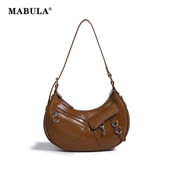 MABULA Реколта кафяв дамски малка чанта с ципове на рамото си y2k, дамска чанта в стил пънк-рок, шик чанта през рамото във формата на полумесец
