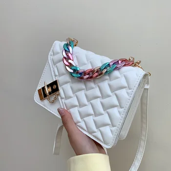 2022 Нови чанти през рамо с капак, малка квадратна женствена чанта през рамо, чанти от изкуствена кожа в клетката, женствена чанта на верига, женствена чанта
