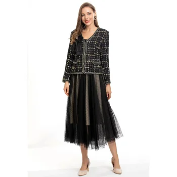 Модерен есенен женски костюм за модния подиум с дълъг ръкав, расшитый мъниста сако, палто + Окото поли в грах, комплект от 2 теми
