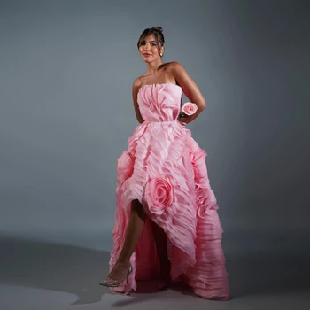 Принцеса 3D Цвете Високи Ниски Розови и Дълги рокли за абитуриентски бал Диференцирани Дълга сватбена рокля без презрамки Цвете Макси рокля дантела отзад