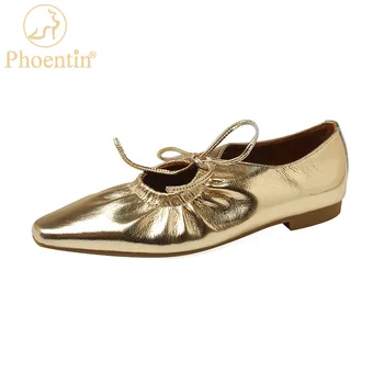 Дамски обувки на плоска подметка Phoentin От Мека Кожа, бабини обувки Златисто-сребристи на цвят дантела, Големи Размери FT2176