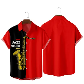 Ежедневна риза С Графичен Модел Jazz Night, Модни и Ежедневни Риза С Къс Ръкав И копчета В Хавайски Плажния Harajuku Стил, Лятна Мъжки Дрехи