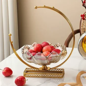 Скандинавска метална, стъклена чиния за сухи плодове; Лесна луксозна плодови чиния по фън шуй; Декорации за съхранение на кристал в дневната.