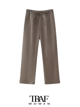 ТРАФИКА на Дамски Модни прави панталони със странични джобове, реколта Дамски панталон с висока талия и завязками Mujer