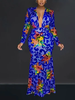 Жена Макси рокля с флорални принтом, винтажное елегантна рокля Русалка, секси рокля с дълбоко V-образно деколте за парти в нощен клуб, африкански дамски рокли, летни рокли