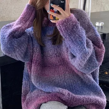Ретро вязаный женски пуловер, свободен пуловер с кръгло деколте в розово ивица, пуловери, всекидневни зимна жилетка в лениво стил, дамски връхни дрехи