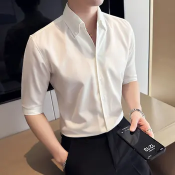 Годишна Секси мъжка риза с ревера, на средния ръкав, Красива Приталенная ежедневни риза с яка-ботуш и рюшами, риза с къс ръкав Camisa Homme