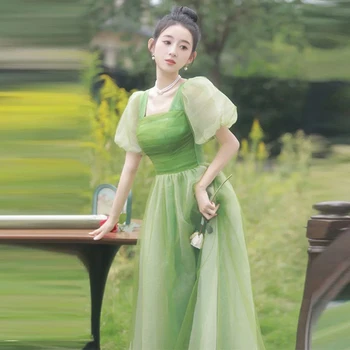 Зелена шифоновое рокля трапецовидна форма, модерно рокля Пролет-лято 2023, френски стил, квадратен яка, однотонное елегантна рокля за жените