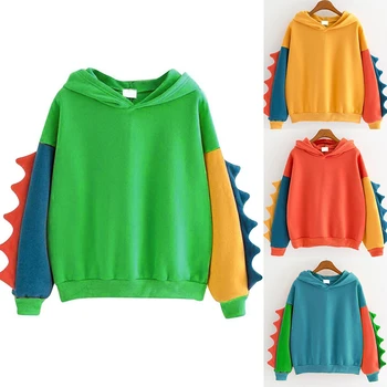 Есента нов пуловер с неправилна форма с контрастиращи поставяне под формата на динозавър, пуловер с качулка и дълъг ръкав, Сладко плюшено пуловер с кръгло деколте, Женски японски стил