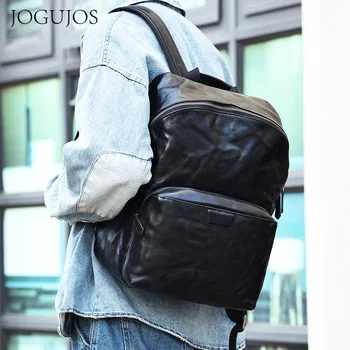 JOGUJOS Мъжки раница от естествена телешка кожа, модерен облик на 15.6-инчовата чанта за лаптоп раница за бизнес училища, Всекидневни раница за пътуване на рамото
