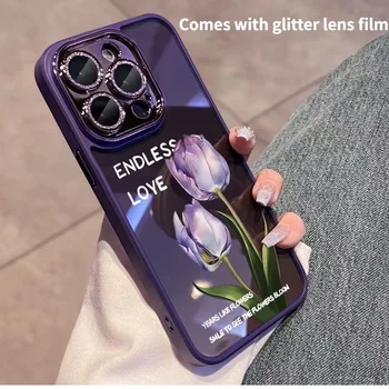 Нови Лилави цветя са Подходящи за iPhone 14 Promax с лъскава фолио за обектива на Калъф за телефон 13Pro 12 11 със защита от падане
