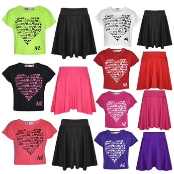Комплект от тениска и пола от 2 теми за момичета, стилен съкратен топ с принтом 