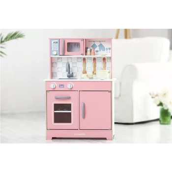 Многофункционална розова ролева игра готварска печка, фурна, кухненски шкафове играчка за готвене, маса за инструменти кухненски комплекти монтесори играчки, дървени образователни