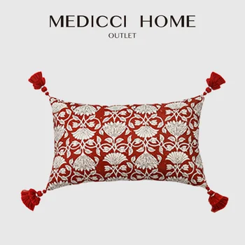 Калъфки за долната част на гърба с гравирани индийски Medicci Home цветенце с пискюли, Ретро ретро-червен Декоративен калъф за мека мебел-дивани