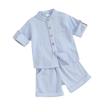 Летни дрехи за малки момчета памучен бельо риза с къс ръкав и копчета, Панталони с еластична талия, Комплект ежедневни облекла