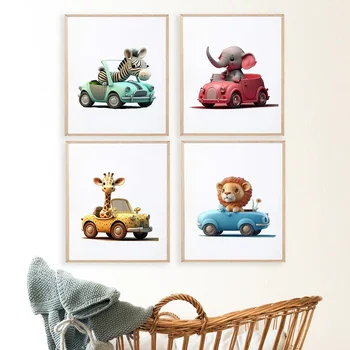 Животни в Превозни средства боядисани стени Животни Автомобили Щампи Детска Сладък Животни Сафари Платно Плакат Детски Подаръци Снимки на Декора на Детската стая