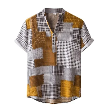Мъжка лятна хавайска риза Ежедневни многоцветни квадратни наметала с 3D принтом Ризи Оверсайз Градинска блуза за почивка на плажа с къс ръкав