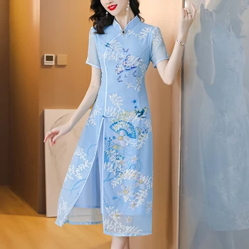 Рокля 2023 лятото ново дебнещ рокля в китайски стил ретро, модерни темпераментное тънка дълга рокля