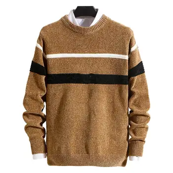 Есента мъжки пуловер с кръгло деколте, вязаный пуловер с дълъг ръкав, тесни блузи с принтом райе, градинска облекло