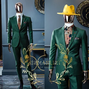 Всеки ден от тъмно зелени мъжки костюми, Оборудвана Сватбен смокинг от 2 теми за младоженеца, бизнес мъжки модерен официално сако с панталони