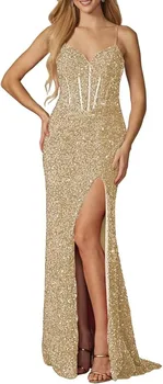 2024-Популярните женски блестящи рокли за абитуриентски бал с V образно деколте, с висока цепка, украсена с пайети, официална вечерна рокля, елегантна рокля за банкет